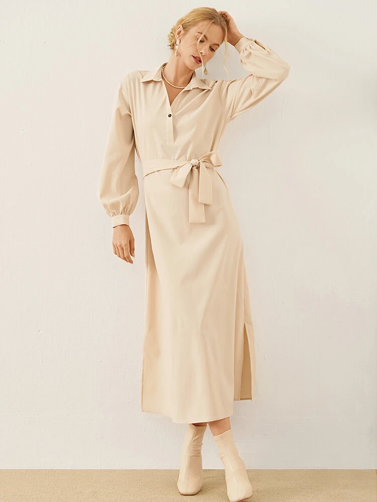 Solid Long Sleeve Button Lapel Shirt Dress With Belt 4 Solid Long Sleeve Button Lapel Shirt Dress With Belt - Image 4