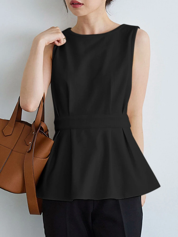 Women Solid Crew Neck Pleated Waist Sleeveless Tank Top 5 Women Solid Crew Neck Pleated Waist Sleeveless Tank Top - Image 5