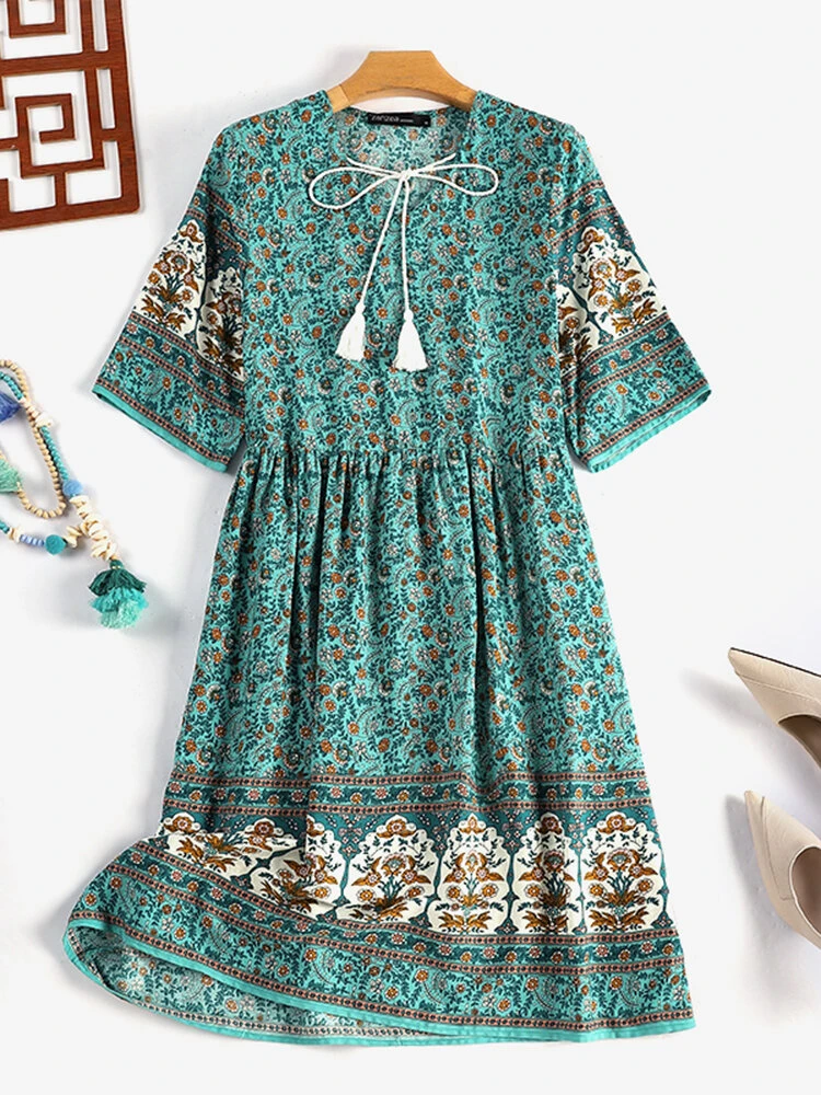 Women Ditsy Floral Print V-Neck Tie Bohemian Half Sleeve Dress 4 Women Ditsy Floral Print V-Neck Tie Bohemian Half Sleeve Dress - Image 4