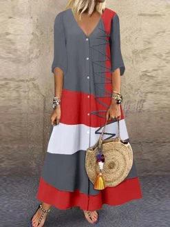 Patchwork Half Sleeve V-neck Button Front Maxi Dress -Zanzea Shop dbd8d6f6 7d4c 4a9f a5db 48513ad89832