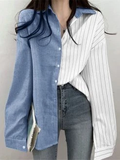 Contrast Stripe Long Sleeve Button Lapel Shirt