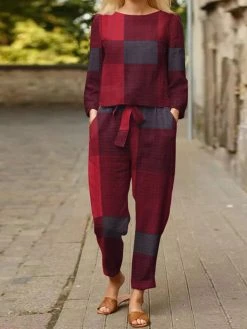 Women Plaid Pattern Belted Pocket Two Pieces Suit