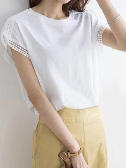 Solid Lace Trim Stitch Crew Neck Short Sleeve T-shirt -Zanzea Shop dc124b72 ea44 4559 b4d1 af7eccd1dfa7