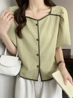 Contrast Square Collar Button Decor Short Sleeve Blouse -Zanzea Shop dc2b4f70 b205 4148 8e55 1da22606ad5b
