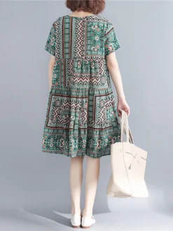 Vintage Print Short Sleeve Crew Neck Dress -Zanzea Shop dc31b111 3823 49d8 a98f df82e697cb86