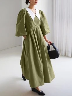 Contrast Collar Pleated Pocket Lantern Sleeve Maxi Dress 14 Contrast Collar Pleated Pocket Lantern Sleeve Maxi Dress -Zanzea Shop dc397117 9b2b 4552 9e72 cc2e29d16ed7