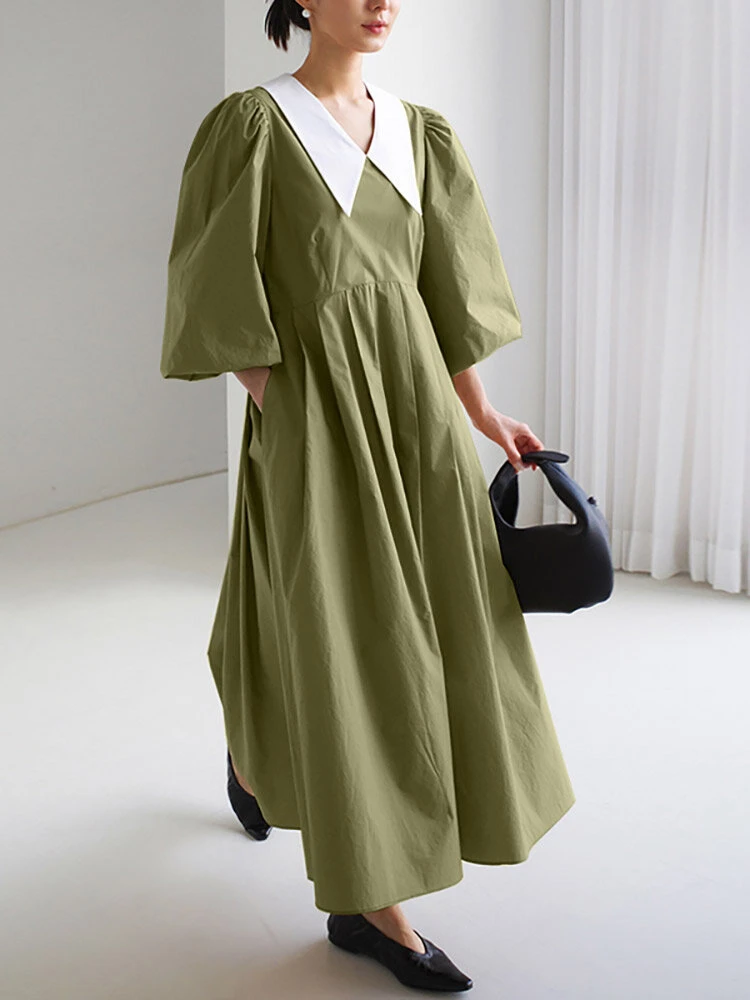 Contrast Collar Pleated Pocket Lantern Sleeve Maxi Dress 3 Contrast Collar Pleated Pocket Lantern Sleeve Maxi Dress - Image 3