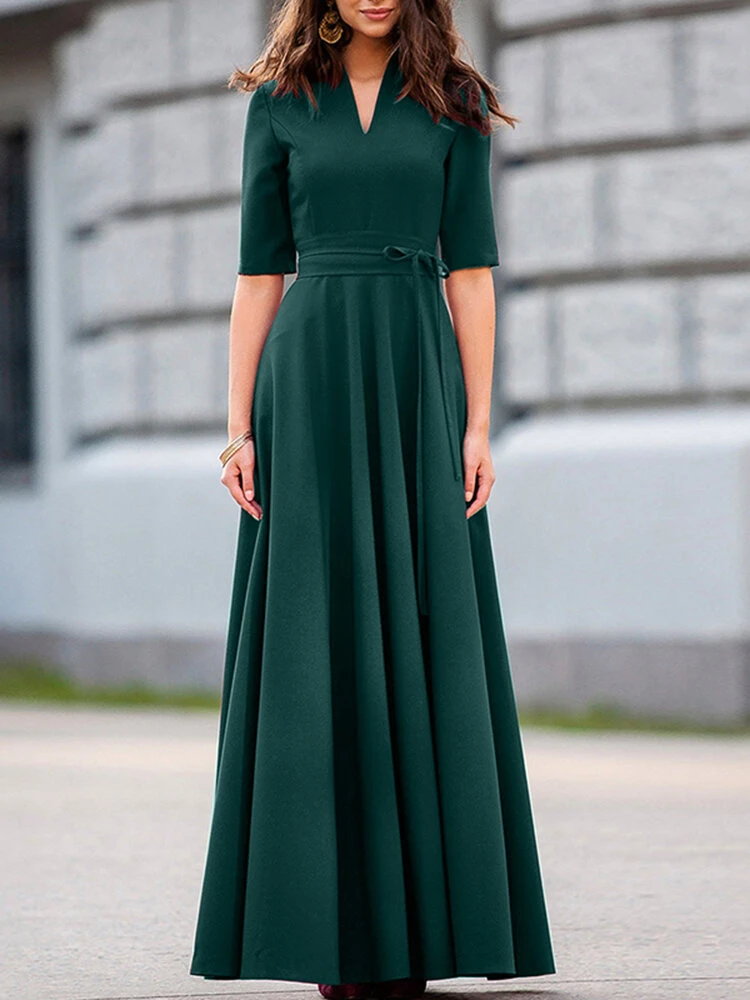 Solid V-neck Half Sleeve Swing Maxi Dress With Belt 7 Solid V-neck Half Sleeve Swing Maxi Dress With Belt - Image 7