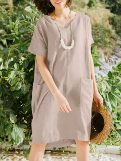 Solid Short Sleeve Pocket V-neck Dress For Women