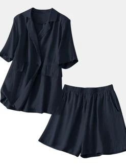 Solid Elastic Waist Pocket Lapel Two Pieces Suit