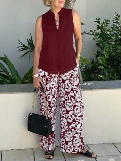 Women Solid Stand Collar Sleeveless Tank & Print Pants Co-ords 12 Women Solid Stand Collar Sleeveless Tank & Print Pants Co-ords -Zanzea Shop dcd22e0f 39c7 4e46 b79b 227571c7566e