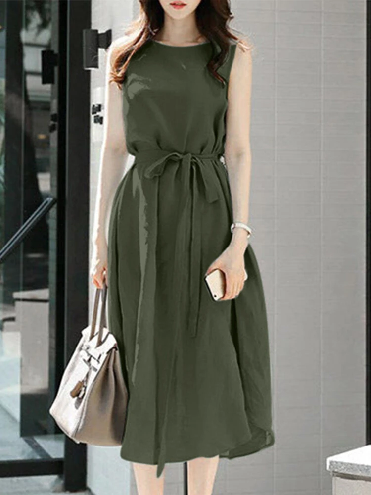 Solid Sleeveless Button Back Midi Dress With Belt 10 Solid Sleeveless Button Back Midi Dress With Belt - Image 10