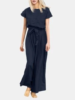 Solid Pocket Swing Short Sleeve Maxi Dress With Belt
