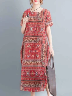 Vintage Allover Tribal Pattern Slit Hem Short Sleeve Dress -Zanzea Shop dd088e01 28a7 430e 94b5 92fdc6c2333c