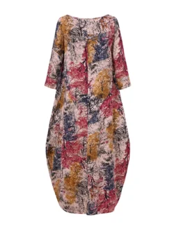 Printed O-neck Side Pockets Cotton 3/4 Sleeve Long Dress -Zanzea Shop dd32e1f4 0bff 45a0 a179 ccb5dfde2d98