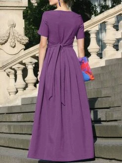 Solid Pleated Notch Neck Short Sleeve Maxi Dress With Belt -Zanzea Shop dd40e0a4 7b61 4393 b877 013959b3ac19