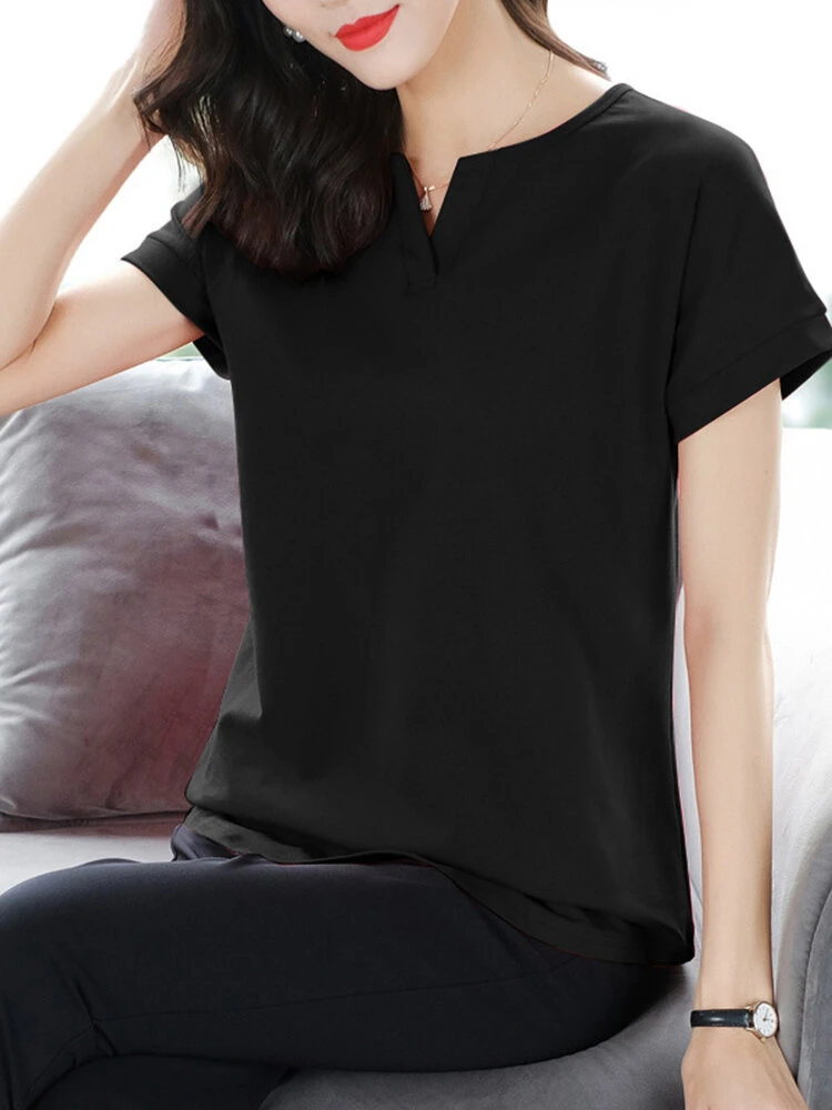 Solid Notch Neck Short Sleeve Casual T-shirt For Women 8 Solid Notch Neck Short Sleeve Casual T-shirt For Women - Image 8