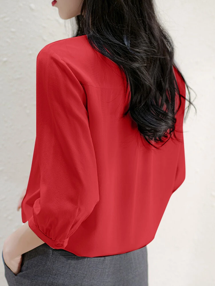 Solid Button 3/4 Sleeve Stand Collar Blouse For Women 8 Solid Button 3/4 Sleeve Stand Collar Blouse For Women - Image 8