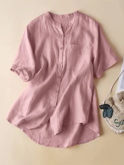 Lace Pocket Solid Button Crew Neck Short Sleeve Blouse -Zanzea Shop dd541c7d b9fe 464d 80a7 bb1de226d057