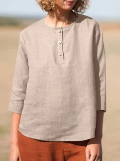 Solid Button Front Casual Crew Neck 3/4 Sleeve Blouse -Zanzea Shop dd72ed4e 0a27 4fe2 950b d8af20cdd6bf