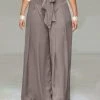 Women Solid Tie Waist Casual Wide Leg Pants With Pocket