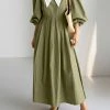 Contrast Collar Pleated Pocket Lantern Sleeve Maxi Dress