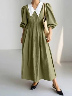 Contrast Collar Pleated Pocket Lantern Sleeve Maxi Dress