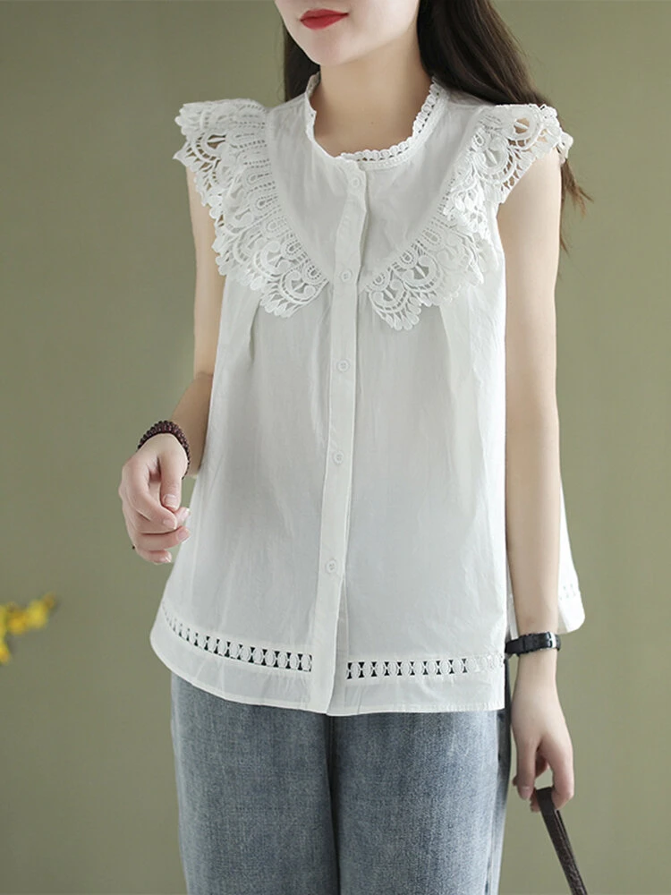 Women Lace Splice Button Front Casual Sleeveless Tank Top 5 Women Lace Splice Button Front Casual Sleeveless Tank Top - Image 5