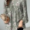 Women Allover Floral Print Crew Neck Long Sleeve Blouse