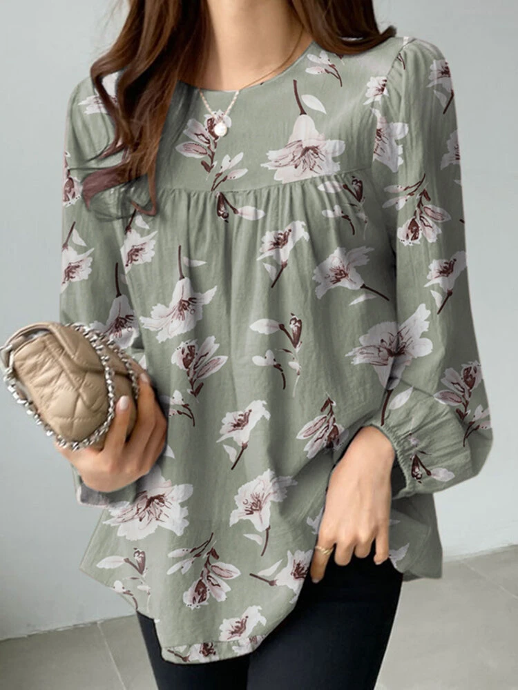 Women Allover Floral Print Crew Neck Long Sleeve Blouse 1 Women Allover Floral Print Crew Neck Long Sleeve Blouse