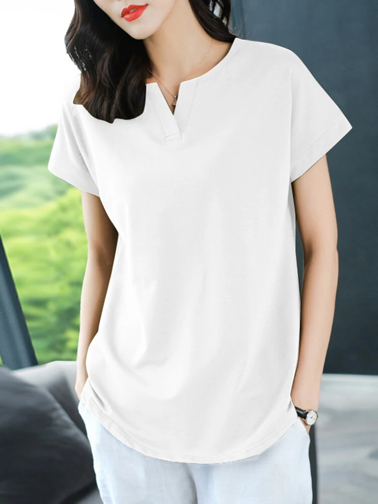 Solid Notch Neck Short Sleeve Casual T-shirt For Women 2 Solid Notch Neck Short Sleeve Casual T-shirt For Women - Image 2