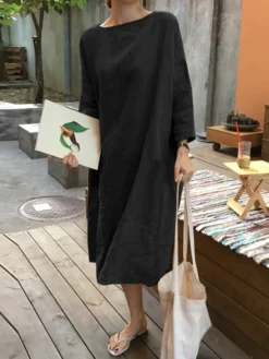Solid Long Sleeve Loose Crew Neck Vintage Dress -Zanzea Shop de15cd93 1729 462e 8a70 414b981e0dc1