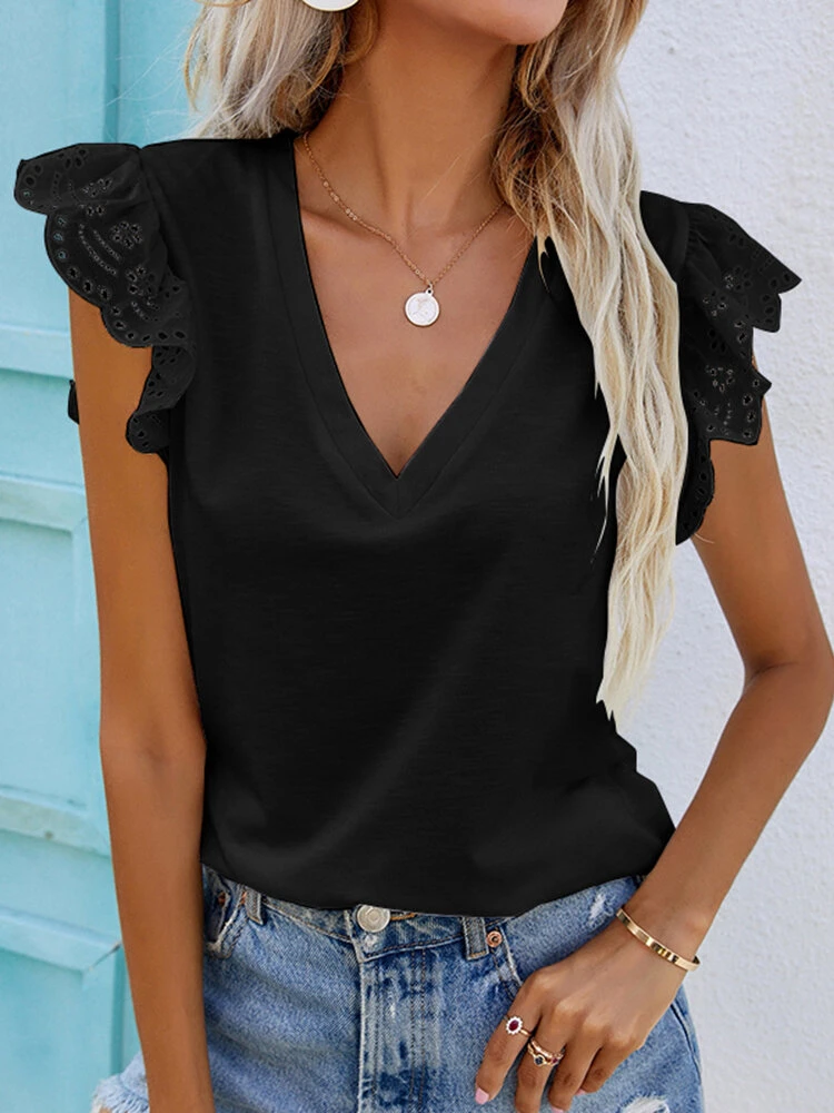 Women Plain V-Neck Lace Sleeve Splice Casual T-Shirt 3 Women Plain V-Neck Lace Sleeve Splice Casual T-Shirt - Image 3