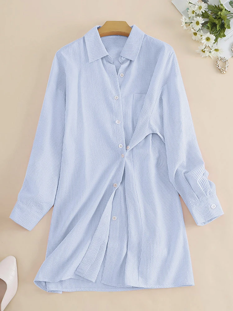 Stripe Long Sleeve Pocket Button Front Lapel Loose Shirt 8 Stripe Long Sleeve Pocket Button Front Lapel Loose Shirt - Image 8