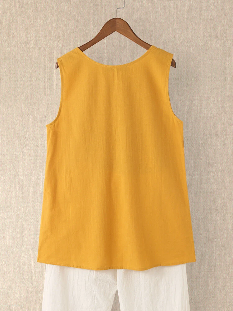 Button Embroidery O-neck Sleeveless Patchwork Vintage Tank Top 2 Button Embroidery O-neck Sleeveless Patchwork Vintage Tank Top - Image 2