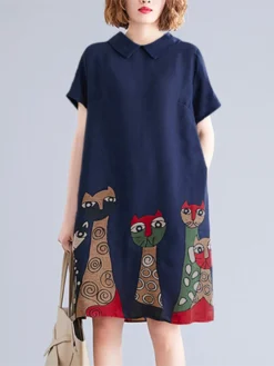 Cartoon Cat Print Short Sleeve Pocket Doll Collar Women Dress