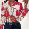 Chain Print Stand Collar Long Sleeve Blouse For Women