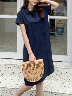 Leisure Solid Button Pocket Lapel Midi Dress -Zanzea Shop de84e702 5260 4545 9de9 2c5cf78c5818