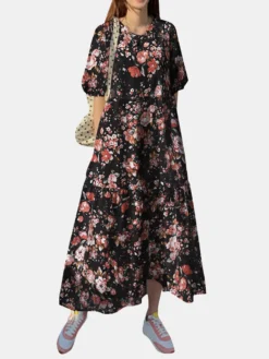 Cottagecore Flower Print Pocket Puff Sleeve Casual Maxi Dress