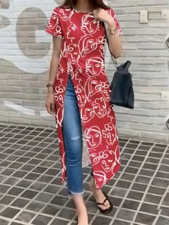 Figure Pattern Split Twist Round Neck Short Sleeve Casual T-Shirt 5 Figure Pattern Split Twist Round Neck Short Sleeve Casual T-Shirt -Zanzea Shop de8bcb39 9628 48a6 a258 35c8f909db41