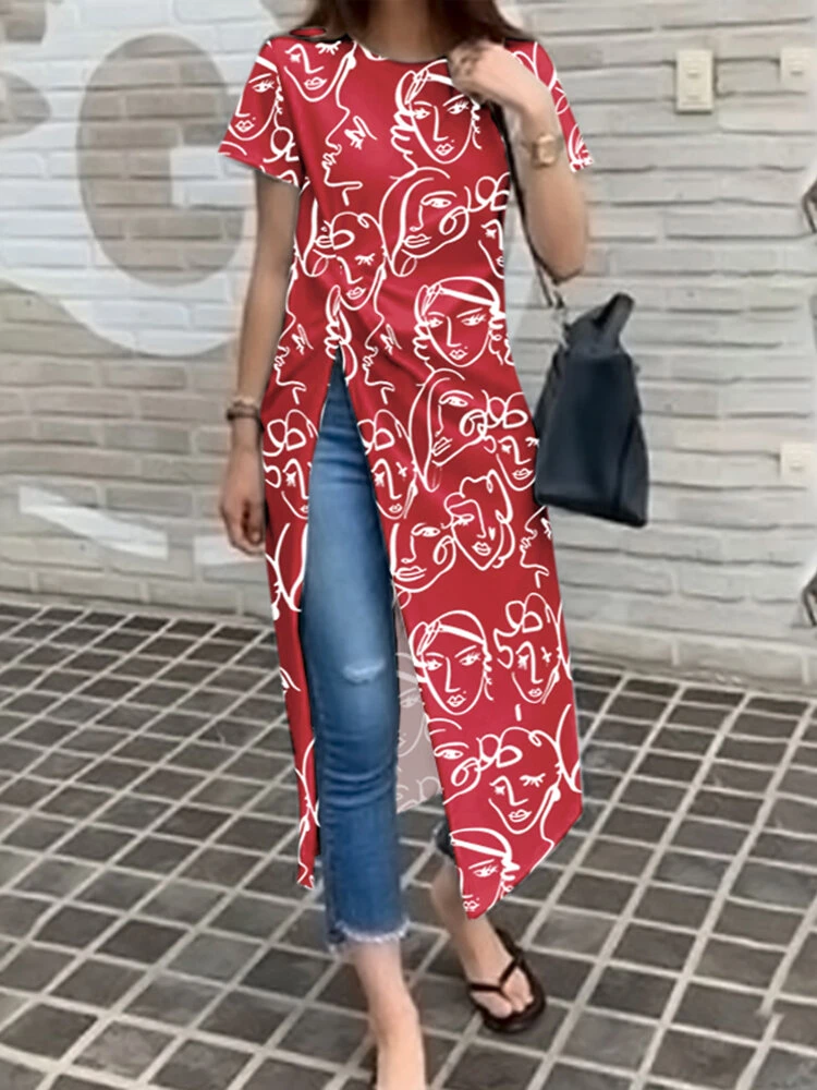 Figure Pattern Split Twist Round Neck Short Sleeve Casual T-Shirt 3 Figure Pattern Split Twist Round Neck Short Sleeve Casual T-Shirt - Image 3