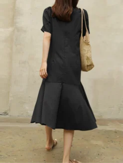 Cotton Solid Ruffle Short Sleeve Round Neck Casual Midi Dress -Zanzea Shop dea3f87f 0a4b 4958 a976 407ebfed01ed