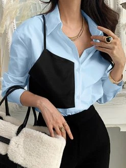 Contrast Panel Button Front Long Sleeve Lapel Shirt -Zanzea Shop debe020f 7dc0 4921 ad36 331f035883df