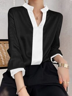 Contrast Satin Long Sleeve V-neck Blouse For Women -Zanzea Shop df09f961 cd8d 4872 a40a 4a1f2924121a