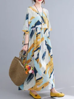 Abstract Painted Loose O-neck Half Sleeve Women Vintage Dress