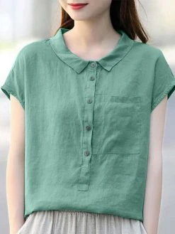 Solid Cotton Button Front Pocket Lapel Short Sleeve Blouse -Zanzea Shop df1d5dd0 e38d 4e96 9ebe 4545a533bbfe