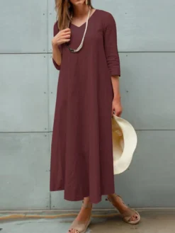 Solid 3/4 Sleeve V-neck Vintage Dress For Women -Zanzea Shop df566092 ae90 4cf5 bf07 4b81429c14df