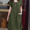 Solid Color Short Sleeve O-neck Pocket Cotton Dress