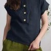 Solid Button Short Sleeve Crew Neck Casual Blouse
