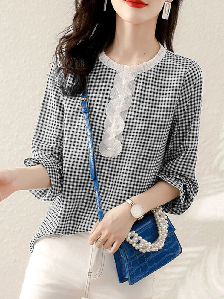 Check Print Long Sleeve Crew Neck Panel Blouse 11 Check Print Long Sleeve Crew Neck Panel Blouse - Image 11